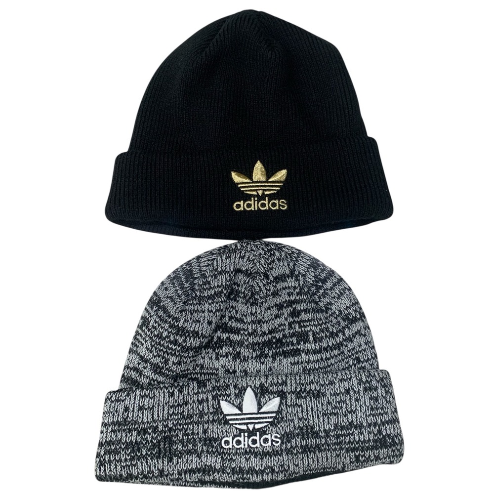 Adidas Originals Trefoil Knit Beanie Lot of 2 OSFM‎ Black Gold Gray New